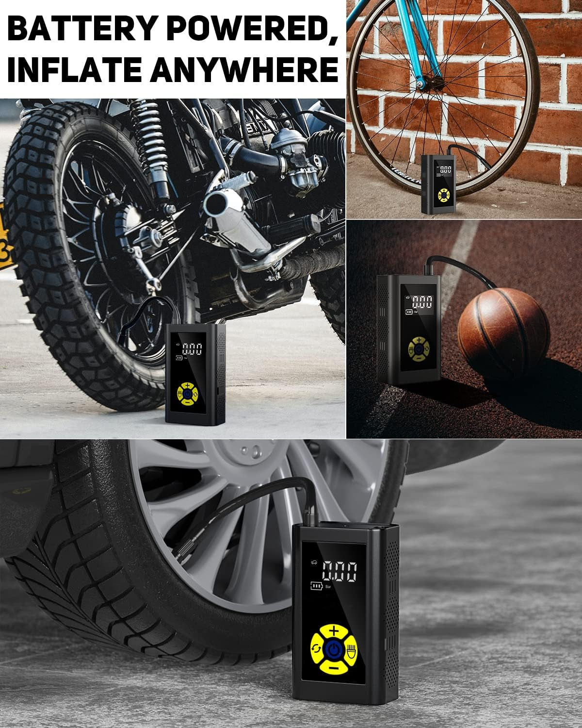 150PSI Portable Tire Inflator - Rechargeable Air Compressor for Cars, Bikes, Motorcycles, Balls, with LED Emergency Light & Flashlight‌